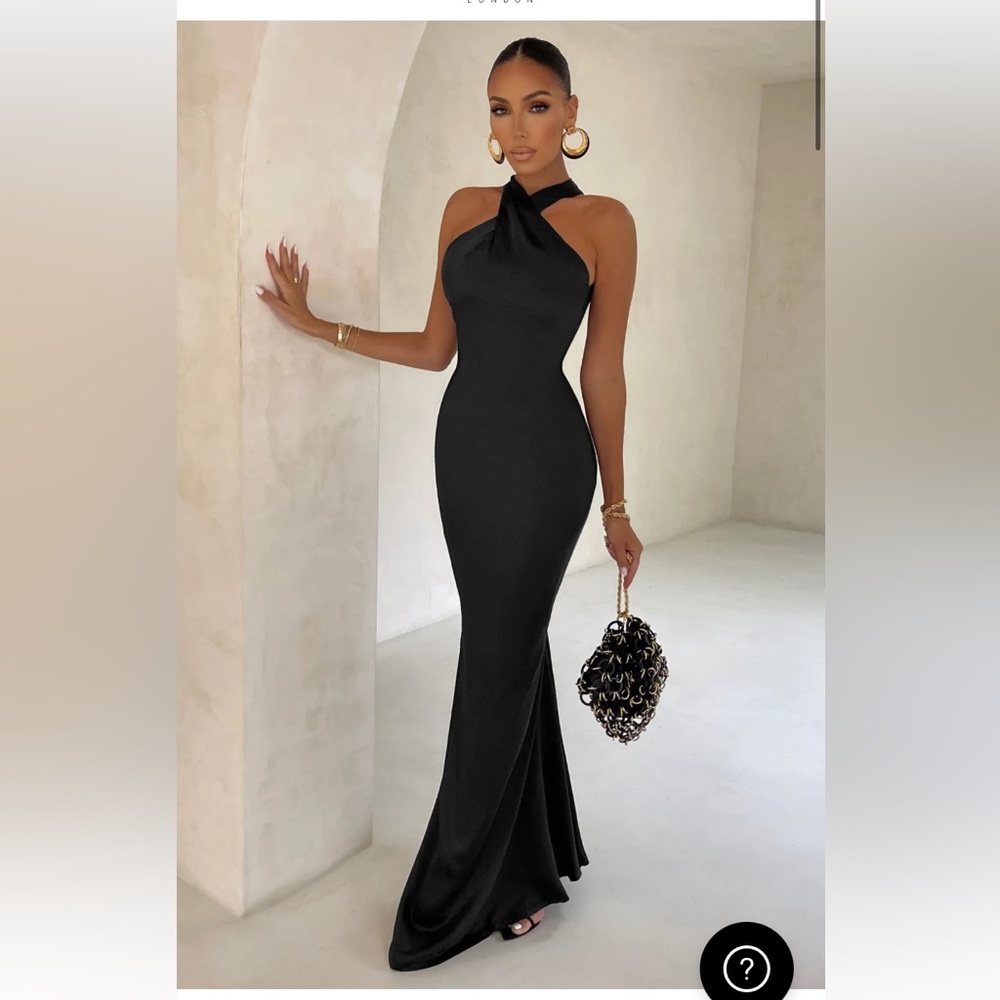 Club L London Unstoppable BLACK SATIN CROSS OVER HALTERNECK MAXI DRESS